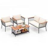 Tangkula 4 Piece Patio Furniture Set, Patiojoy Rattan Chair Set w/ 2-Tier Coffee Table