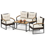 Tangkula 4 Piece Patio Conversation Set, with Heavy Duty Solid Acacia Wood Armrests & Tabletop