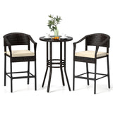 Tangkula 3-Piece Patio Rattan Bar Set, Wicker Bar Height Armchairs & Round Table w/Tempered Glass Top