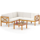 Tangkula 6 Pieces Acacia Wood Patio Furniture Set, Outdoor Sectional Conversation Set with Cushions and Coffee Table