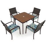 5 Pieces Patio Dining Set, 4 Cushioned Rattan Armchairs & Square Table w/Wood-Plastic Tabletop & Umbrella Hole