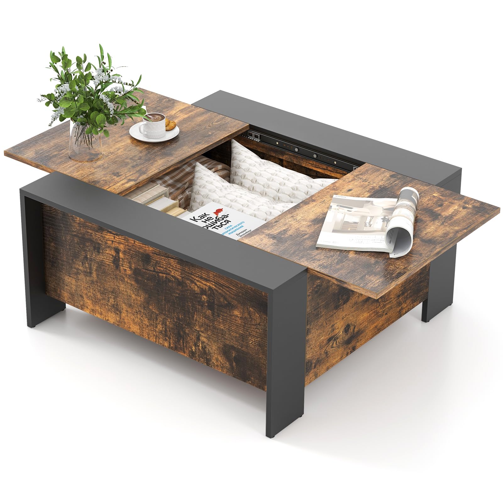  Square Farmhouse Coffee Table with Hidden Storage - Tangkula