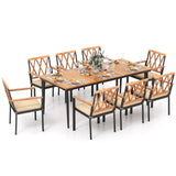 Tangkula 9-Piece Patio Dining Set, Outdoor Acacia Wood Dining Table with 1.9" Umbrella Hole& 8 Dining Chairs with Cross Hollow Back and Seat Cushions