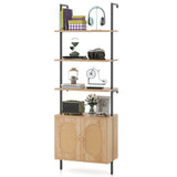 Tangkula 71"H Ladder Bookshelf with Cabinet, Farmhouse 6-Tier Wall Mounted Bookcase with Rattan Cabinet & Metal Frame