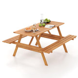 Tangkula Picnic Table with 2 Benches, Outdoor Hardwood Picnic Table Bench Set with 2-Inch Umbrella Hole, Slatted Tabletop & Seat