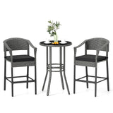 Tangkula 3-Piece Patio Rattan Bar Set, Wicker Bar Height Armchairs & Round Table w/Tempered Glass Top