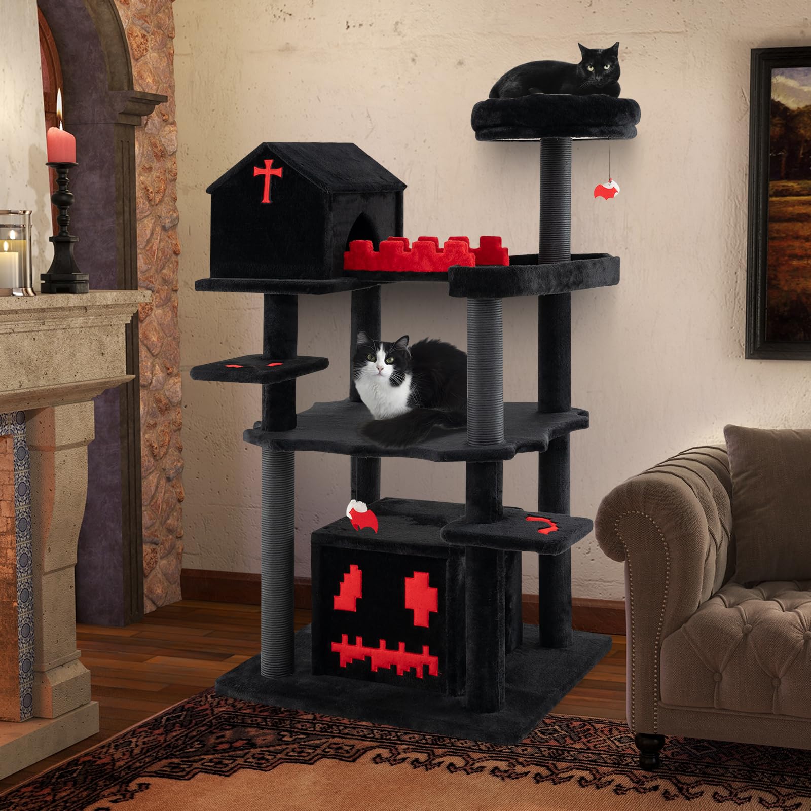 Tangkula Gothic Cat Tree, 49 Inch Black Cat Tower with Coffin Cat Bed, 2 Cat Condos, Scratching Posts