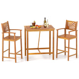 Tangkula 3 Piece Patio Bar Table & Chairs, Outdoor Acacia Wood Bar Set w/Slatted Seat & Tabletop