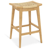 Tangkula Teak Wood Bar Stool, 29” Patio Rattan Barstool with Footrest & Saddle Seat