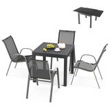 Tangkula 5 PCS Outdoor Dining Table Set, Patio Furniture Set w/Extendable Aluminum Table & 4 Stackable Chairs