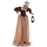 Tangkula 5 FT Halloween Standing Animated Old Lady Holding Lantern, Animatronic Zombie Maid with LED Lighted Red Eyes