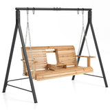 Tangkula Porch Swing with Stand, Wood Hanging Patio Swing with 2 Cupholder & Heavy-Duty A-Shaped Metal Frame