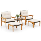 Tangkula 5 Piece Rattan Furniture Set, Wood Frame Chairs & Ottomans w/Square Coffee Table