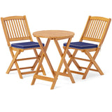 Tangkula 3 Pieces Acacia Wood Patio Folding Bistro Set, Outdoor Table and Chairs Set with Soft Cushions