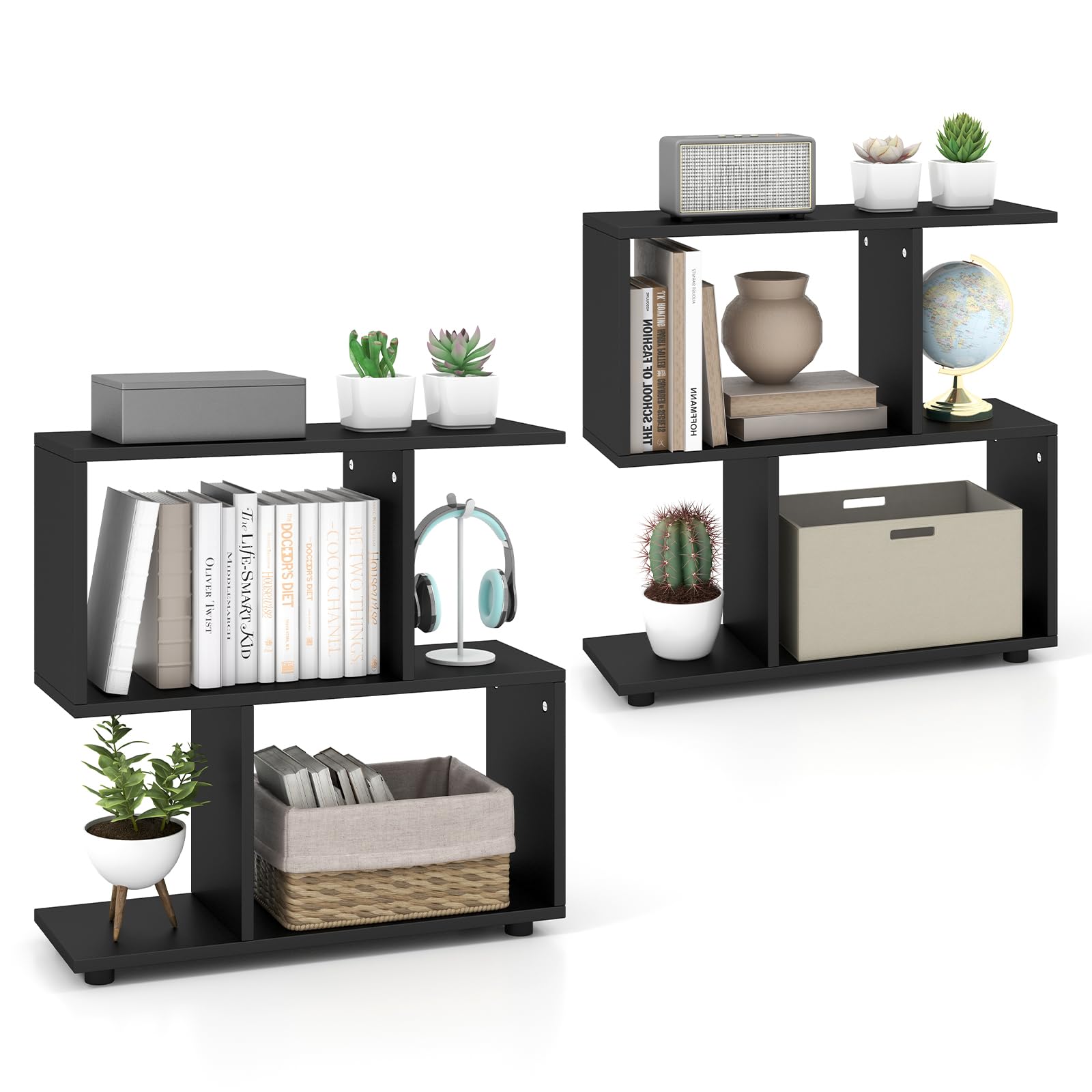 2 Tier Geometric Bookshelf, Freestanding Wood Display Shelf - Tangkula