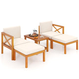 Tangkula 5 Pieces Acacia Wood Patio Chaise Lounge Chair Set with Ottomans and Cushions