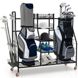 Tangkula Golf Bag Storage Rack for Garage, Heavy Duty Metal Double Golf Bag Storage Rack with Removable Golf Club Stand