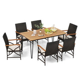 Tangkula 7 Pieces Patio Dining Set with Acacia Wood Dining Table, Rattan Armchairs, Soft Cushions