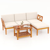 Tangkula L Shaped Outdoor Furniture Set, 5 Pieces Acacia Wood Patio Conversation Set for Garden, Backyard, Poolside (Off White)