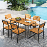 Tangkula 7 Piece Outdoor Dining Set for 6, Acacia Wood Rectangular Dining Table & 6 Armless Chairs w/Metal Frame