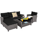 Tangkula 4 Pieces Rattan Conversation Set, Patiojoy Outdoor Furniture Set with Cushions, Lounge Sofa Set with Coffee Table