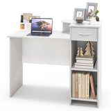 Tangkula White Desk with Storage Drawer & Shelves, Modern Computer Desk with Adjustable Shelf & Cable Hole, White