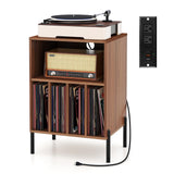 Tangkula Record Player Stand, Turntable Side Table Nightstand w/ Charging Station(Black, 31" H)