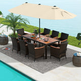 Tangkula 10 Piece Patio Rattan Dining Set with 15Ft Double-Sided Umbrella, Outdoor Acacia Wood Table and Wicker Chairs Set