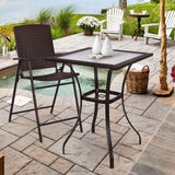 Tangkula Bistro Bar Table, 28.5" Square Bar Height Bistro Table w/ 2" Umbrella Hole, Silkscreen Glass Tabletop & Rattan Edge