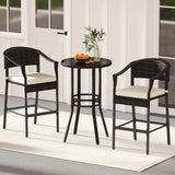 Tangkula 3-Piece Patio Rattan Bar Set, Wicker Bar Height Armchairs & Round Table w/Tempered Glass Top