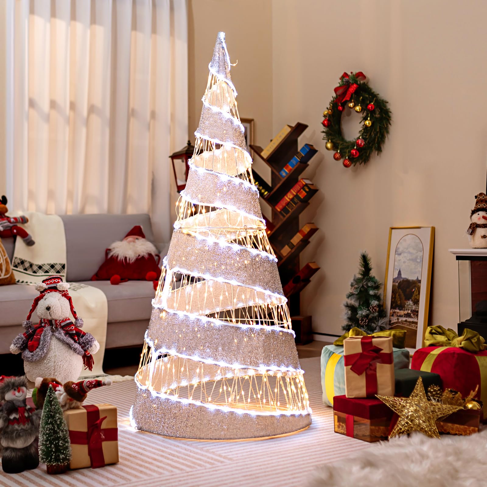 Tangkula 5 FT Lighted Pre-lit Christmas Cone Tree, Artificial Spiral Conic Tree w/300 Warm White & 250 Cold White LED Lights