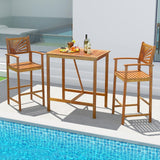 Tangkula 3 Piece Patio Bar Table & Chairs, Outdoor Acacia Wood Bar Set w/Slatted Seat & Tabletop