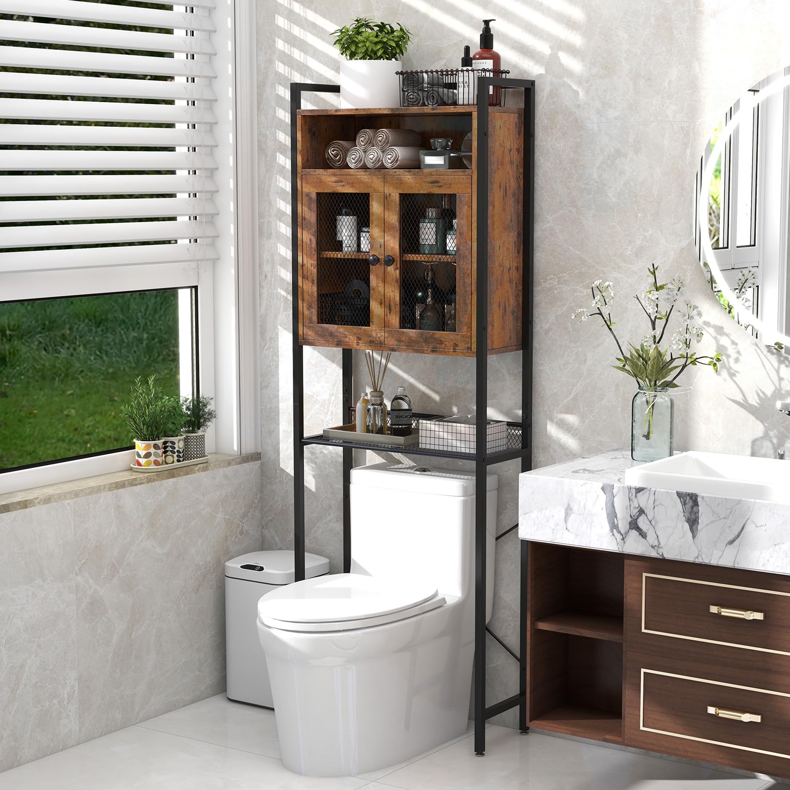 Tangkula Over The Toilet Storage Cabinet, 5-Tier Bathroom Space Saver w/2 Metal Mesh Doors & 3-Position Adjustable Shelf