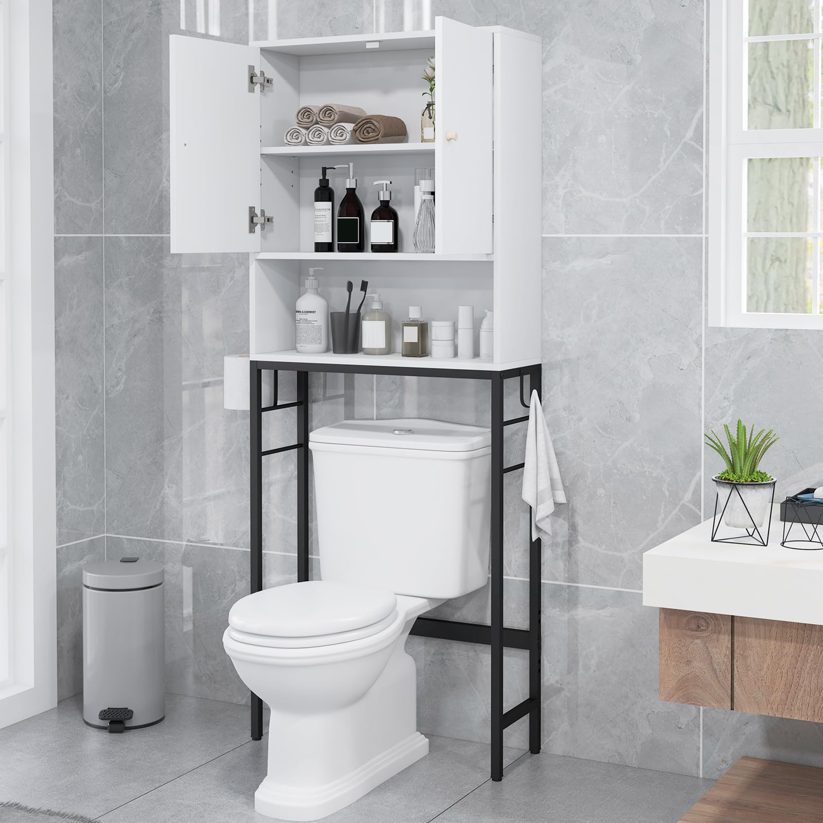 Tangkula Over The Toilet Storage Cabinet, Freestanding Toilet Rack w/ 2 Doors, Adjustable Shelf