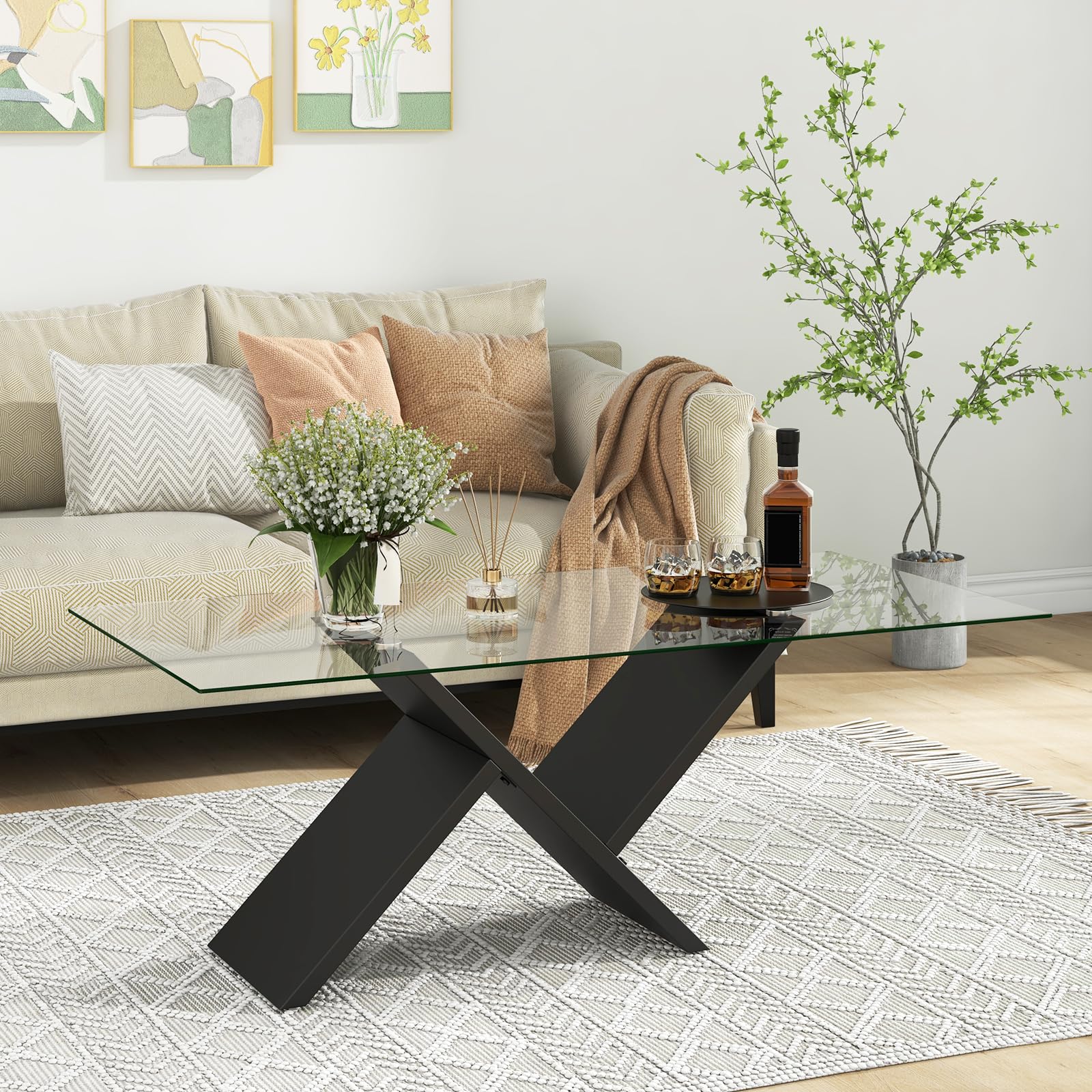 Tangkula Rectangle Glass Coffee Table, 47” Modern Center Table with Tempered Glass Tabletop & Geometric Rubber Wood Frame