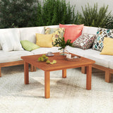 Tangkula Patio Coffee Table with Umbrella Hole, Outdoor Solid Wood Side Table with Slatted Tabletop & Teak Oil Finish