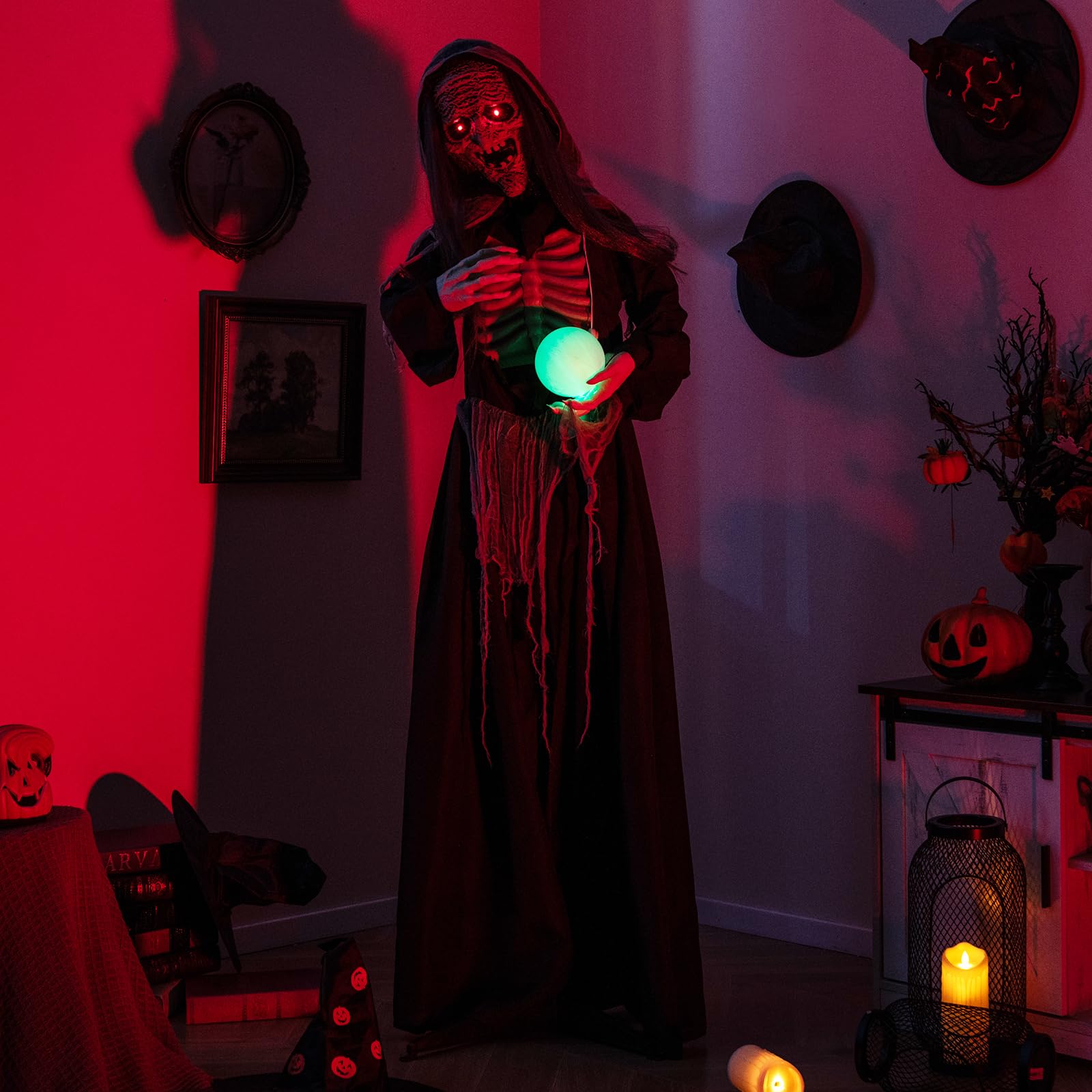 Tangkula 6 FT Halloween Animatronics Standing Witch, Talking Animated Wicked Witch with Light Up Eyes & Magical Ball