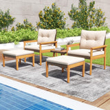 Tangkula 5 Piece Rattan Furniture Set, Wood Frame Chairs & Ottomans w/Square Coffee Table