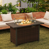 Tangkula Outdoor Propane Fire Pit Table, 42 Inch Rectangular Rattan Fire Table with Wind Guard & Glass Rocks