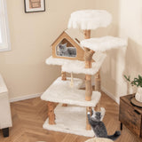 Tangkula Solid Wood Cat Tree, Modern Wooden Cat Tower with Jute Scratching Posts, 2 Perches, Condo