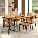 Tangkula 7 Piece Outdoor Dining Set for 6, Acacia Wood Rectangular Dining Table & 6 Armchairs w/Metal Frame