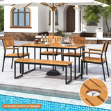 Tangkula 6 Pieces Outdoor Acacia Wood Dining Set, Patio Table and Chairs Set with Bench for 6-7 People