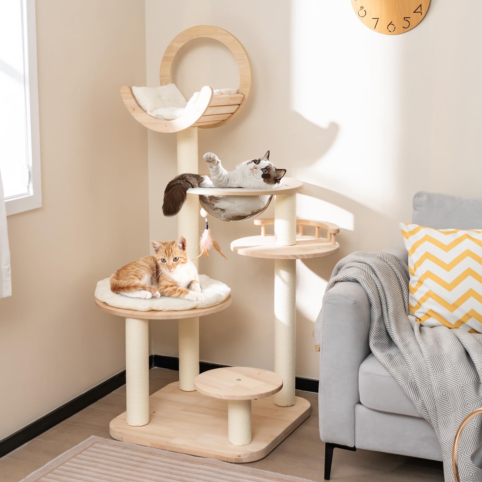 Tangkula Solid Wood Cat Tree, 4-in-1 Building Block Large Cat Tower with Space Capsule Nest, Sisal Scratching Posts