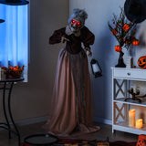 Tangkula 5 FT Halloween Standing Animated Old Lady Holding Lantern, Animatronic Zombie Maid with LED Lighted Red Eyes