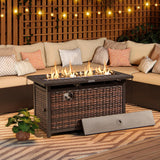 Tangkula 45 Inch Rattan Propane Fire Pit Table, Patiojoy 50,000 BTU Outdoor Rectangle Fire Pit with Glass Stones & Protective Cover