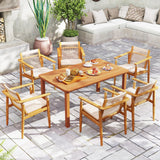 Tangkula Patio Dining Table with Umbrella Hole, Outdoor Solid Wood Dining Table for 6 with Teak Oil Finish