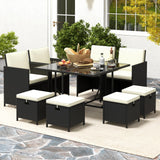Tangkula 9 Pieces Outdoor Dining Furniture Set, Space-Saving Wicker Rattan Chairs & Tempered Glass Table with Ottomans
