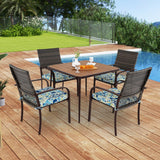 5 Pieces Patio Dining Set, 4 Cushioned Rattan Armchairs & Square Table w/Wood-Plastic Tabletop & Umbrella Hole