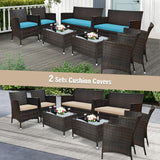 Tangkula 4-Piece Rattan Patio Furniture Set, w/Tempered Glass Coffee Table