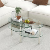 Glass Coffee Table, 2-Tier Modern Oval Smooth Glass Tea Table End Table